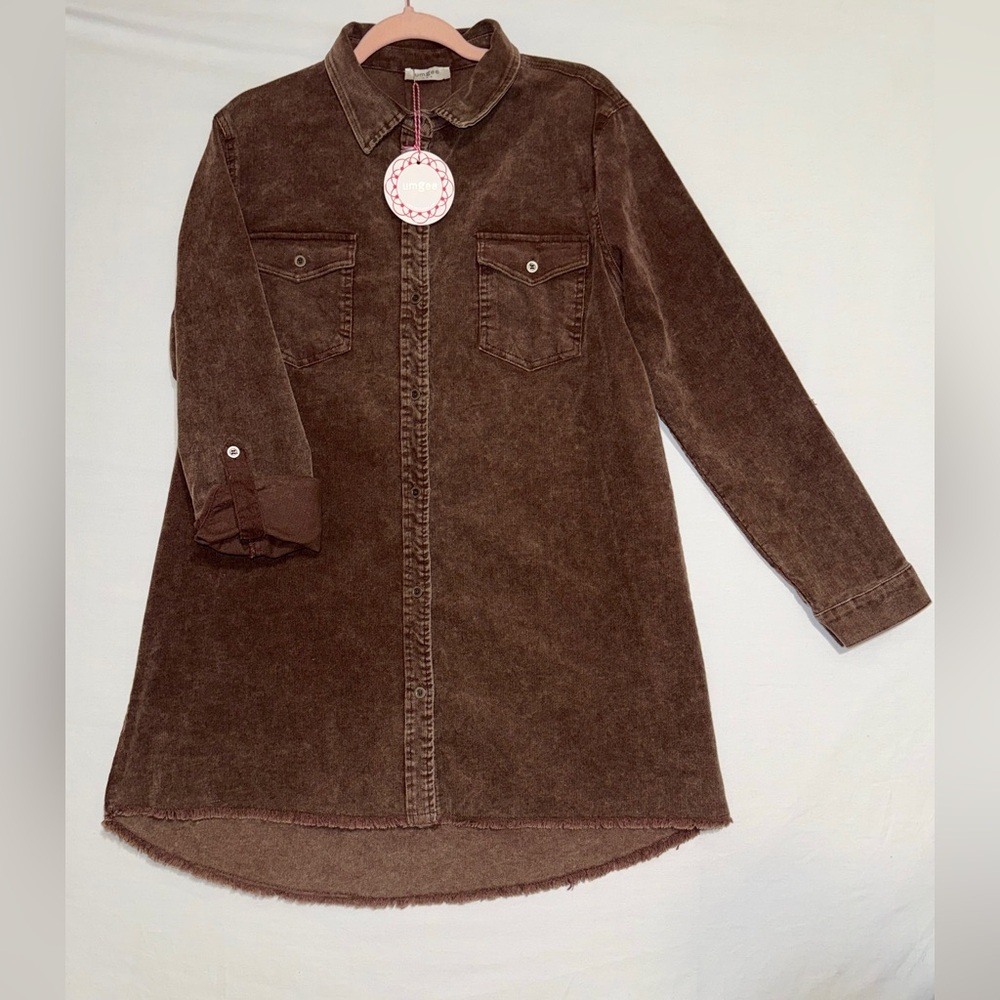 Umgee Brown Corduroy Shirt Dress High Low Raw Hem Oversized Large (estimated)!